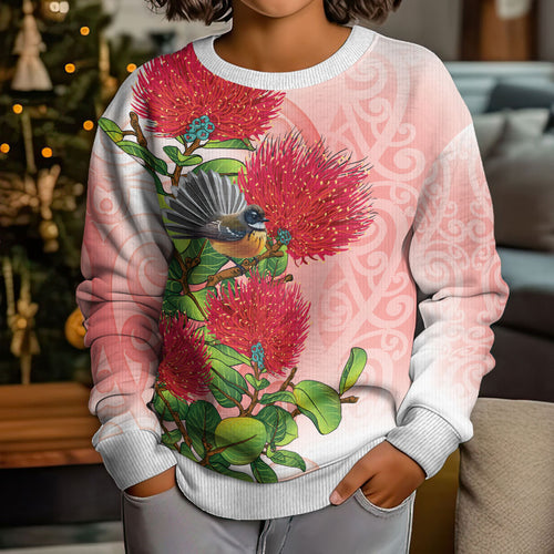 New Zealand Fantail Kid Ugly Christmas Sweater Maori Koru With Pohutukawa Flowers