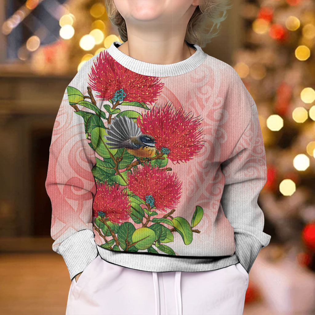 New Zealand Fantail Kid Ugly Christmas Sweater Maori Koru With Pohutukawa Flowers