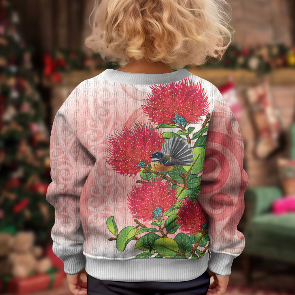 New Zealand Fantail Kid Ugly Christmas Sweater Maori Koru With Pohutukawa Flowers