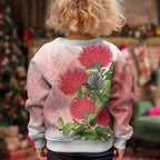 New Zealand Fantail Kid Ugly Christmas Sweater Maori Koru With Pohutukawa Flowers