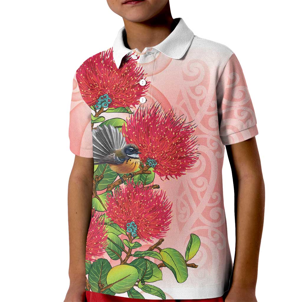 New Zealand Fantail Kid Polo Shirt Maori Koru With Pohutukawa Flowers - Aussie Hoodie