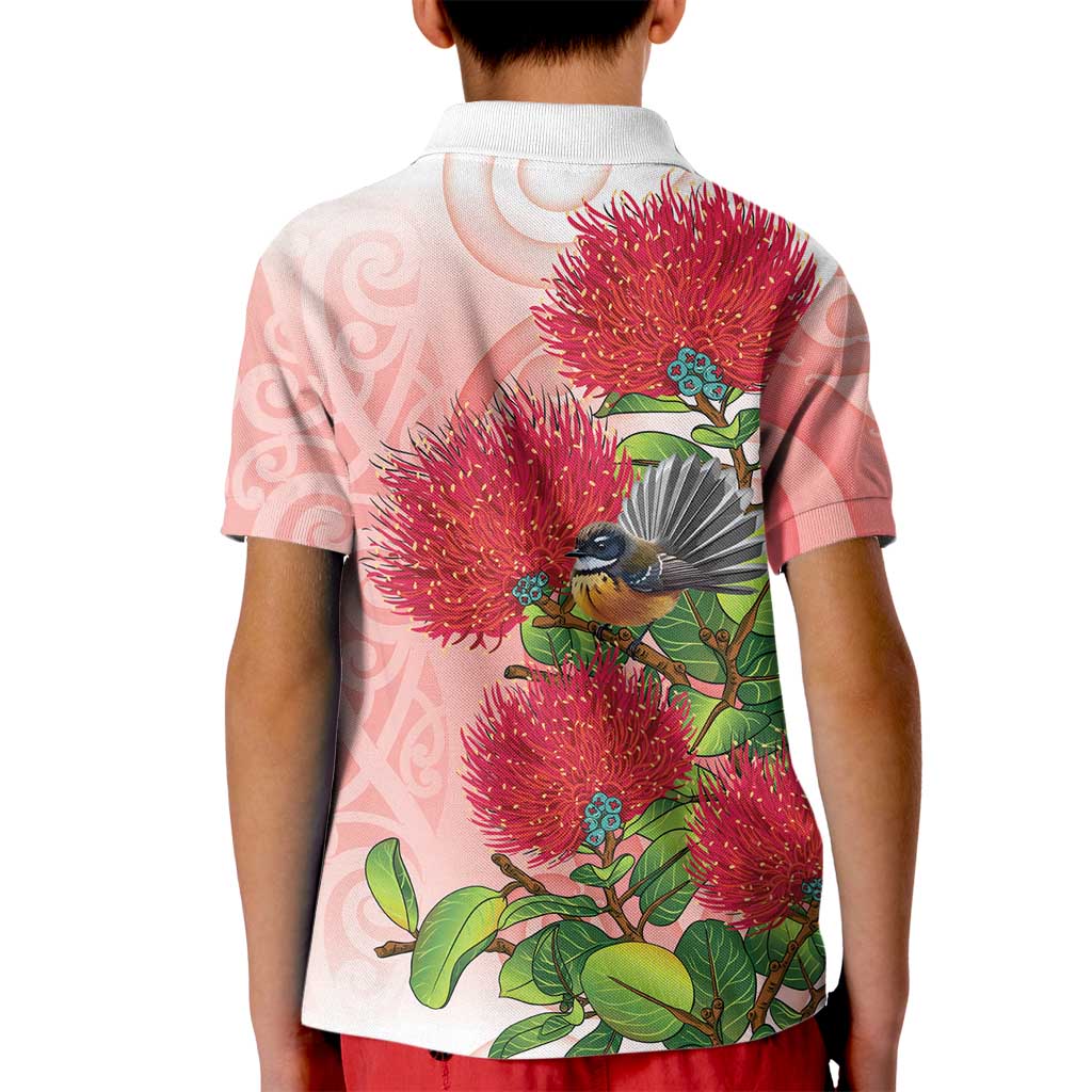 New Zealand Fantail Kid Polo Shirt Maori Koru With Pohutukawa Flowers - Aussie Hoodie
