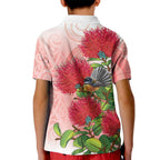 New Zealand Fantail Kid Polo Shirt Maori Koru With Pohutukawa Flowers - Aussie Hoodie