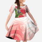 New Zealand Fantail Kid Short Sleeve Dress Maori Koru With Pohutukawa Flowers - Aussie Hoodie