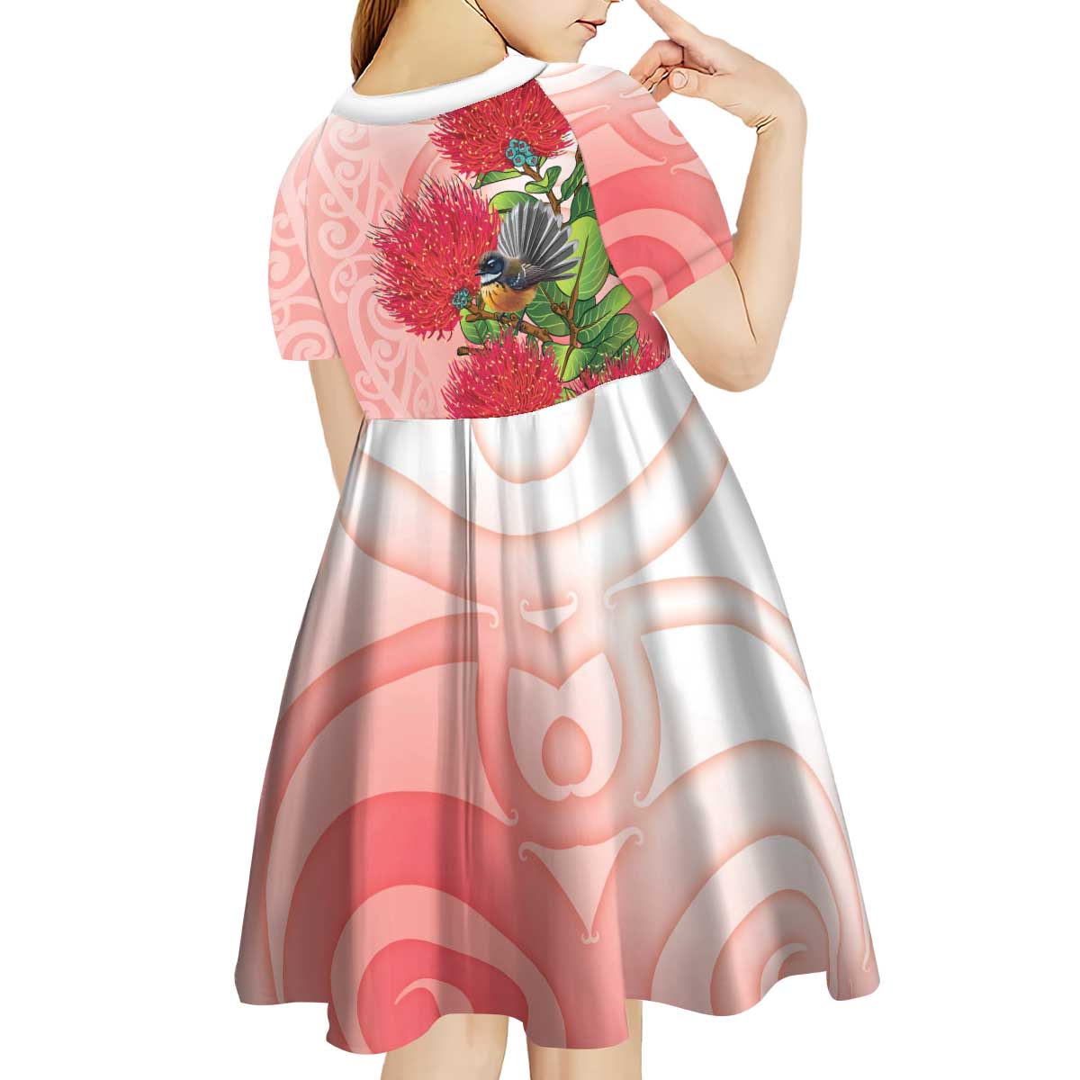 New Zealand Fantail Kid Short Sleeve Dress Maori Koru With Pohutukawa Flowers - Aussie Hoodie