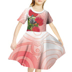 New Zealand Fantail Kid Short Sleeve Dress Maori Koru With Pohutukawa Flowers - Aussie Hoodie