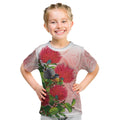 New Zealand Fantail Kid T Shirt Maori Koru With Pohutukawa Flowers - Aussie Hoodie