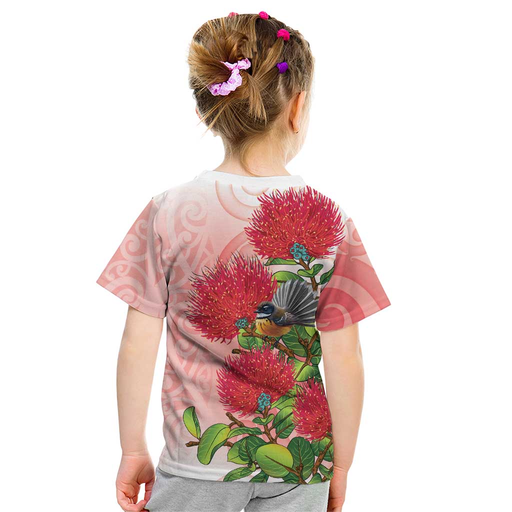 New Zealand Fantail Kid T Shirt Maori Koru With Pohutukawa Flowers - Aussie Hoodie