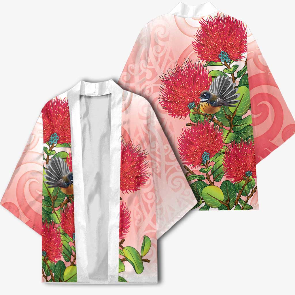 New Zealand Fantail Kimono Maori Koru With Pohutukawa Flowers - Aussie Hoodie
