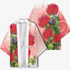 New Zealand Fantail Kimono Maori Koru With Pohutukawa Flowers - Aussie Hoodie