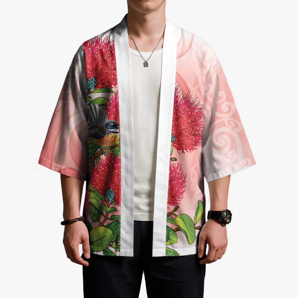 New Zealand Fantail Kimono Maori Koru With Pohutukawa Flowers - Aussie Hoodie