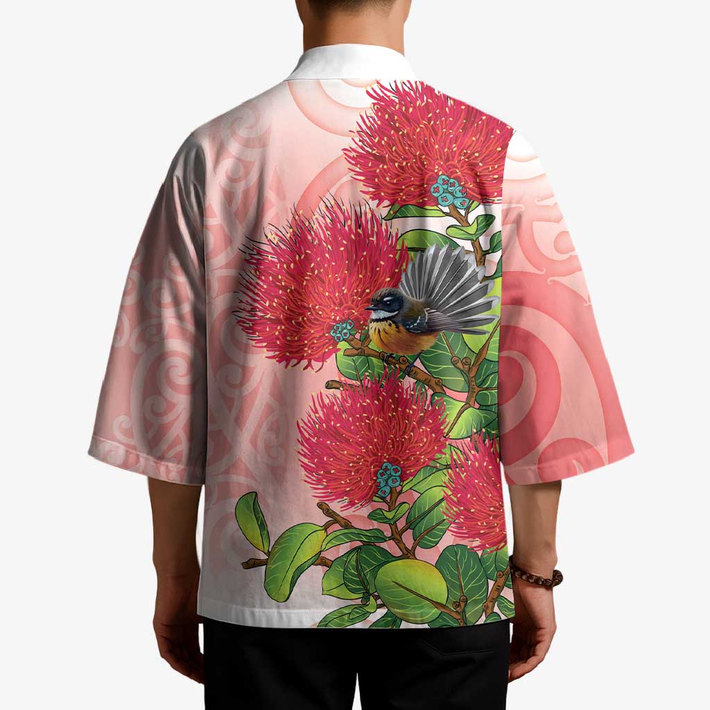 New Zealand Fantail Kimono Maori Koru With Pohutukawa Flowers - Aussie Hoodie