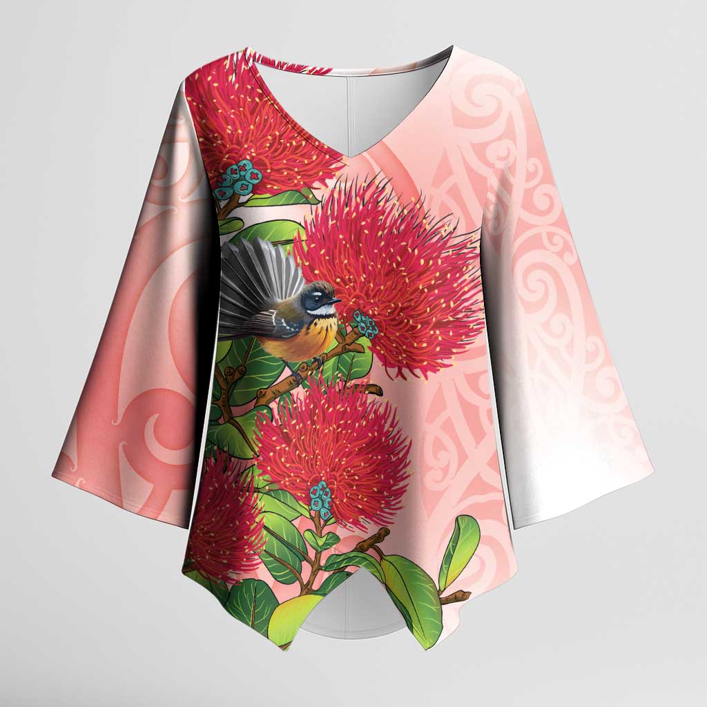 New Zealand Fantail Kimono Sleeve Blouse Maori Koru With Pohutukawa Flowers - Aussie Hoodie