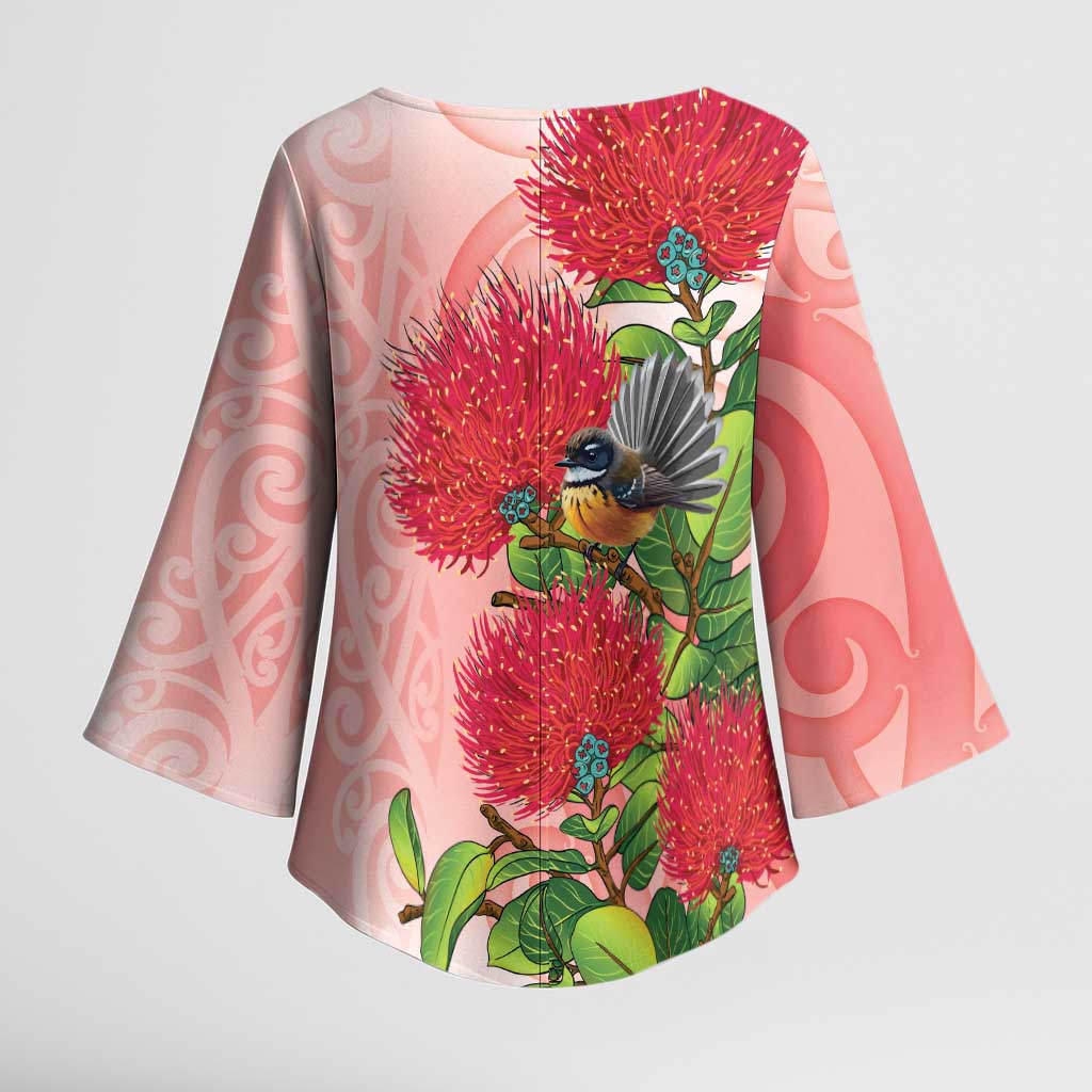New Zealand Fantail Kimono Sleeve Blouse Maori Koru With Pohutukawa Flowers - Aussie Hoodie