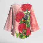 New Zealand Fantail Kimono Sleeve Blouse Maori Koru With Pohutukawa Flowers - Aussie Hoodie