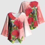 New Zealand Fantail Kimono Sleeve Blouse Maori Koru With Pohutukawa Flowers - Aussie Hoodie