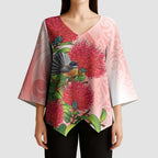 New Zealand Fantail Kimono Sleeve Blouse Maori Koru With Pohutukawa Flowers - Aussie Hoodie