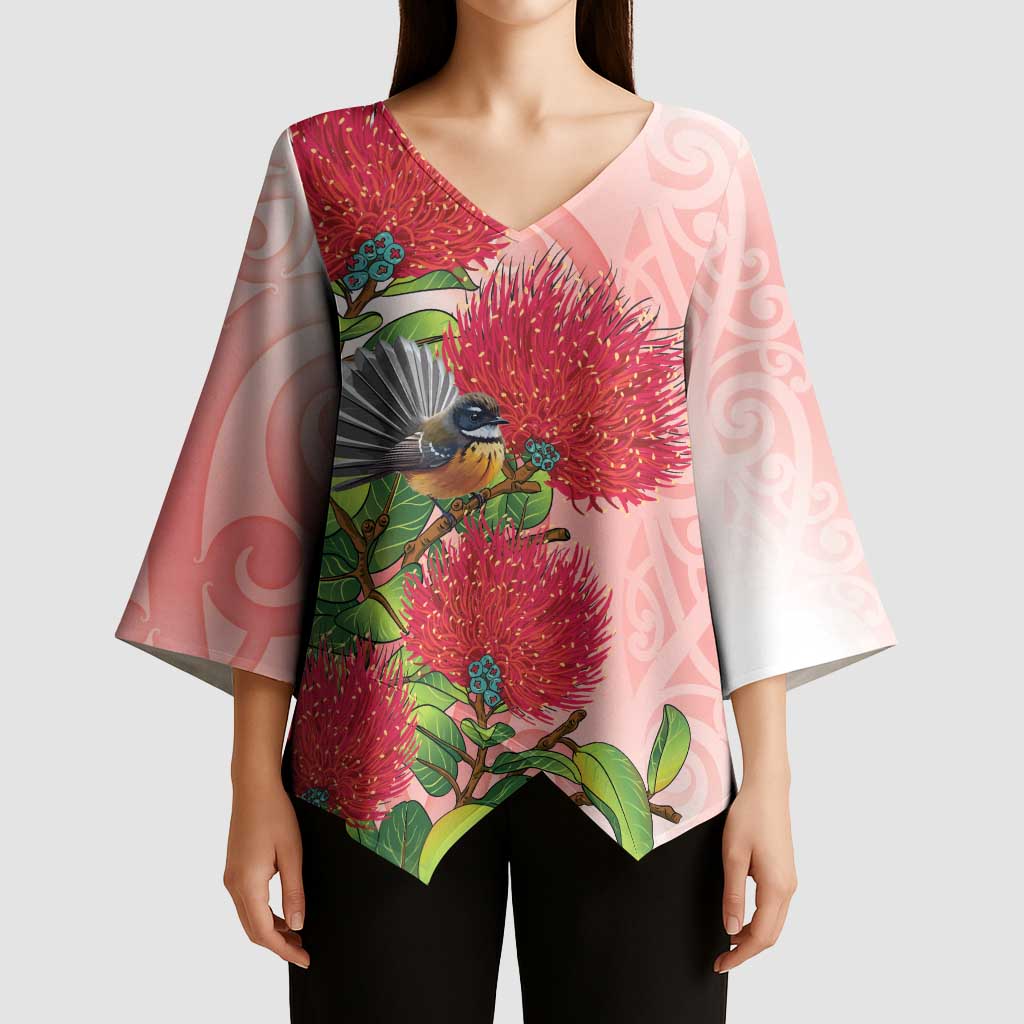 New Zealand Fantail Kimono Sleeve Blouse Maori Koru With Pohutukawa Flowers - Aussie Hoodie