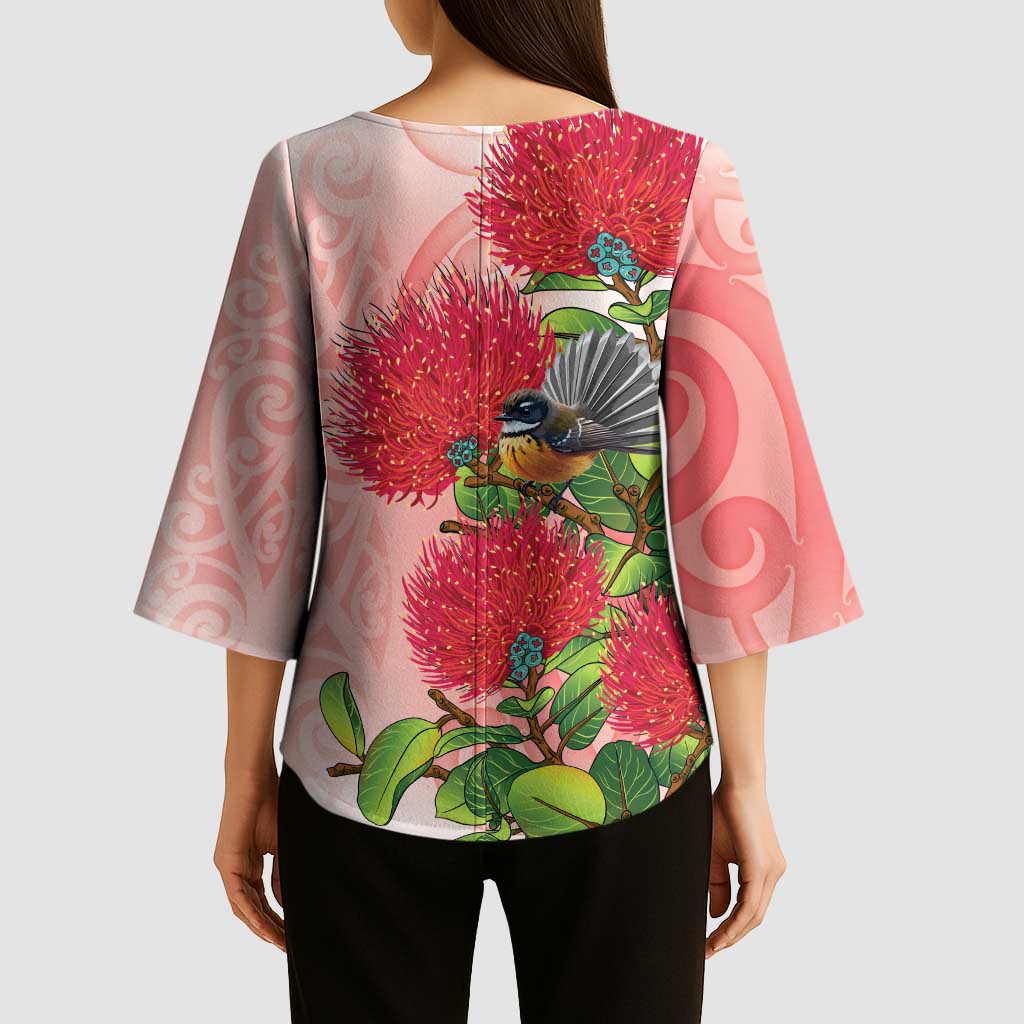 New Zealand Fantail Kimono Sleeve Blouse Maori Koru With Pohutukawa Flowers - Aussie Hoodie