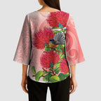 New Zealand Fantail Kimono Sleeve Blouse Maori Koru With Pohutukawa Flowers - Aussie Hoodie