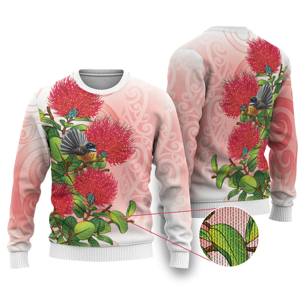 New Zealand Fantail Ugly Christmas Sweater Maori Koru With Pohutukawa Flowers