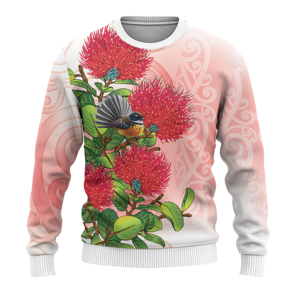New Zealand Fantail Ugly Christmas Sweater Maori Koru With Pohutukawa Flowers