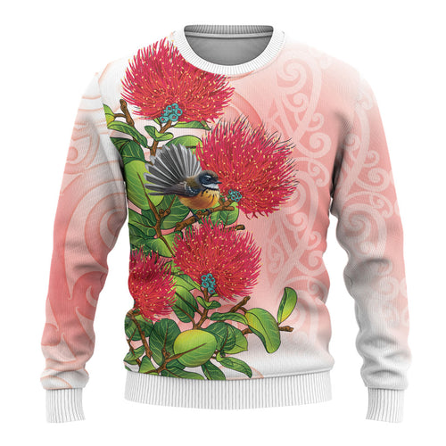 New Zealand Fantail Ugly Christmas Sweater Maori Koru With Pohutukawa Flowers