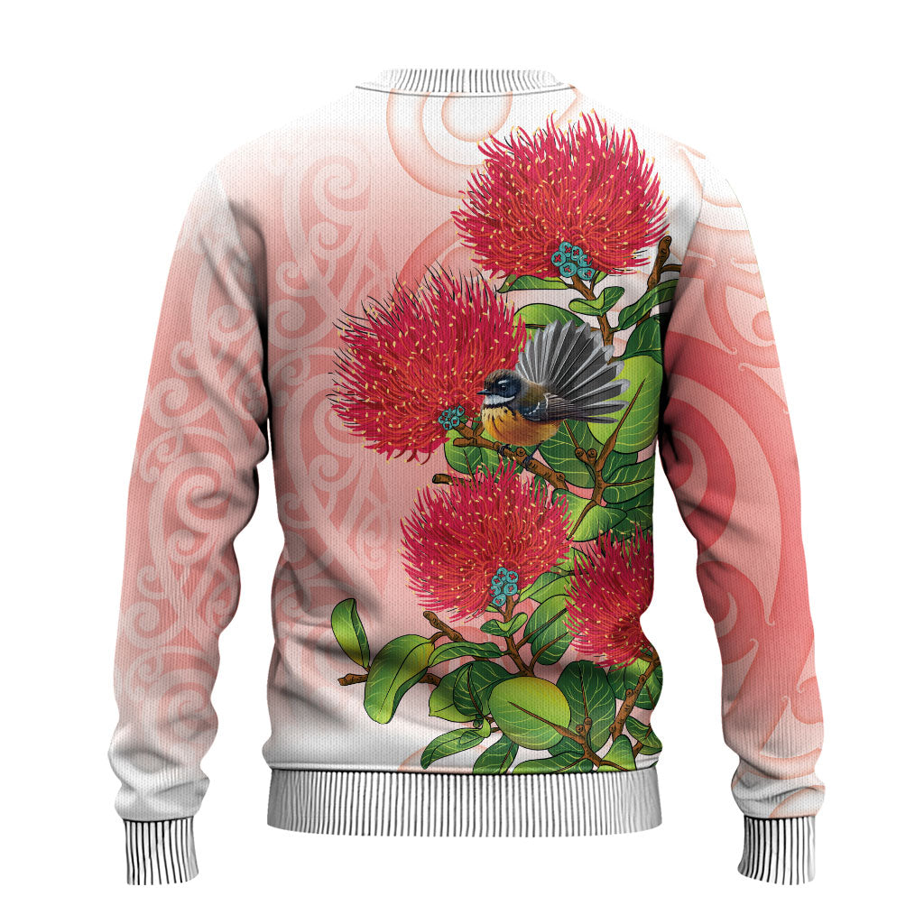 New Zealand Fantail Ugly Christmas Sweater Maori Koru With Pohutukawa Flowers