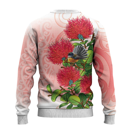 New Zealand Fantail Ugly Christmas Sweater Maori Koru With Pohutukawa Flowers