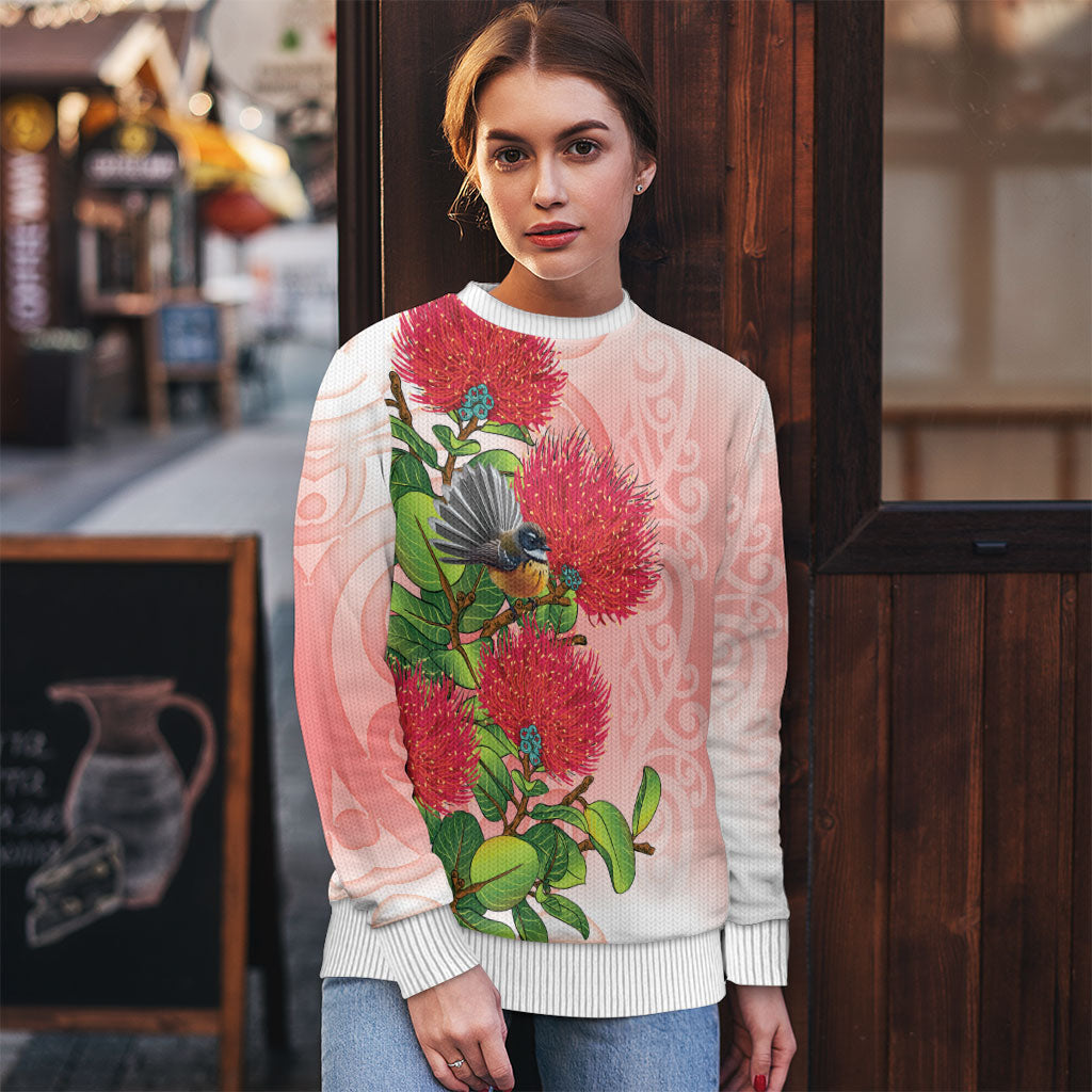 New Zealand Fantail Ugly Christmas Sweater Maori Koru With Pohutukawa Flowers