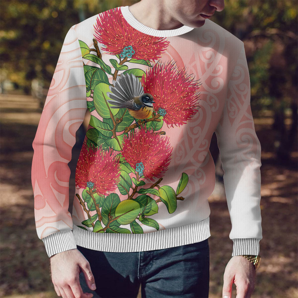 New Zealand Fantail Ugly Christmas Sweater Maori Koru With Pohutukawa Flowers