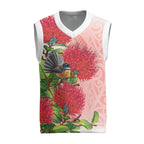 New Zealand Fantail Christmas Knitted V-Neck Vest Maori Koru With Pohutukawa Flowers