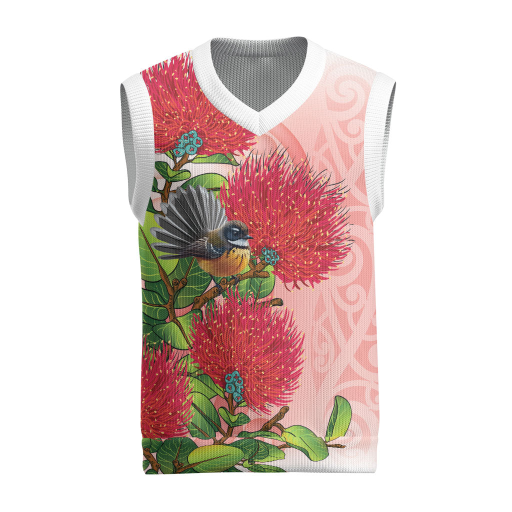 New Zealand Fantail Christmas Knitted V-Neck Vest Maori Koru With Pohutukawa Flowers