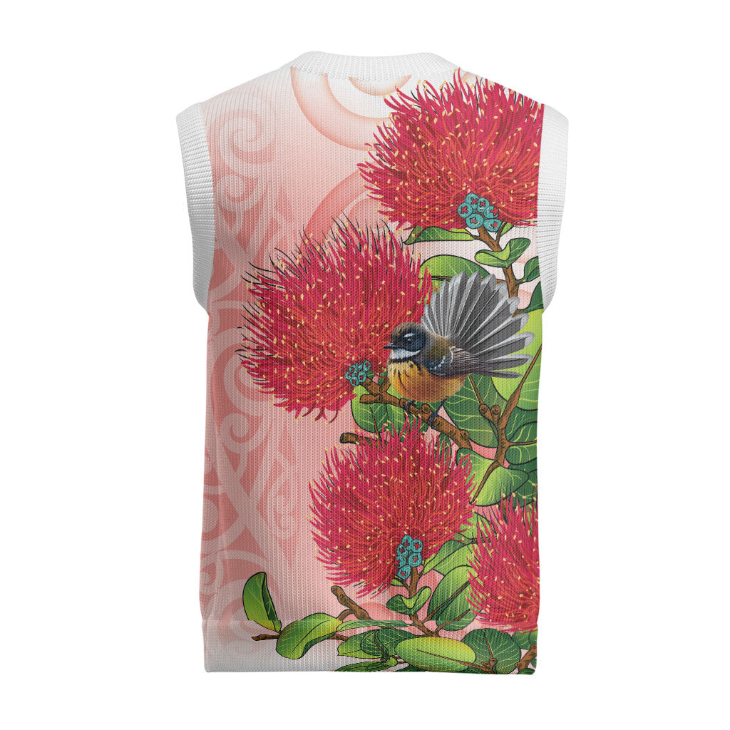 New Zealand Fantail Christmas Knitted V-Neck Vest Maori Koru With Pohutukawa Flowers