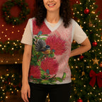 New Zealand Fantail Christmas Knitted V-Neck Vest Maori Koru With Pohutukawa Flowers