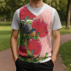 New Zealand Fantail Christmas Knitted V-Neck Vest Maori Koru With Pohutukawa Flowers
