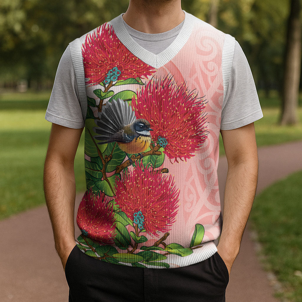 New Zealand Fantail Christmas Knitted V-Neck Vest Maori Koru With Pohutukawa Flowers