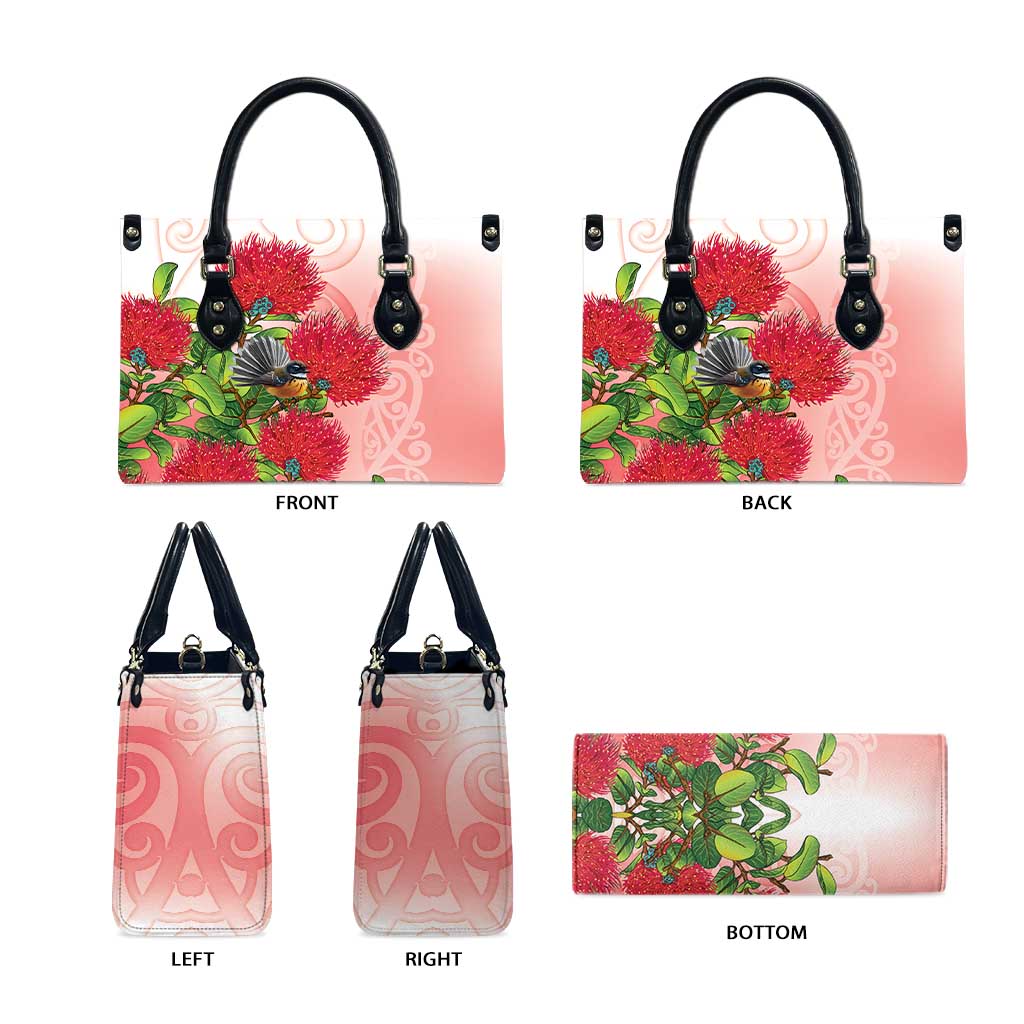 New Zealand Fantail Leather Bag Maori Koru With Pohutukawa Flowers - Aussie Hoodie