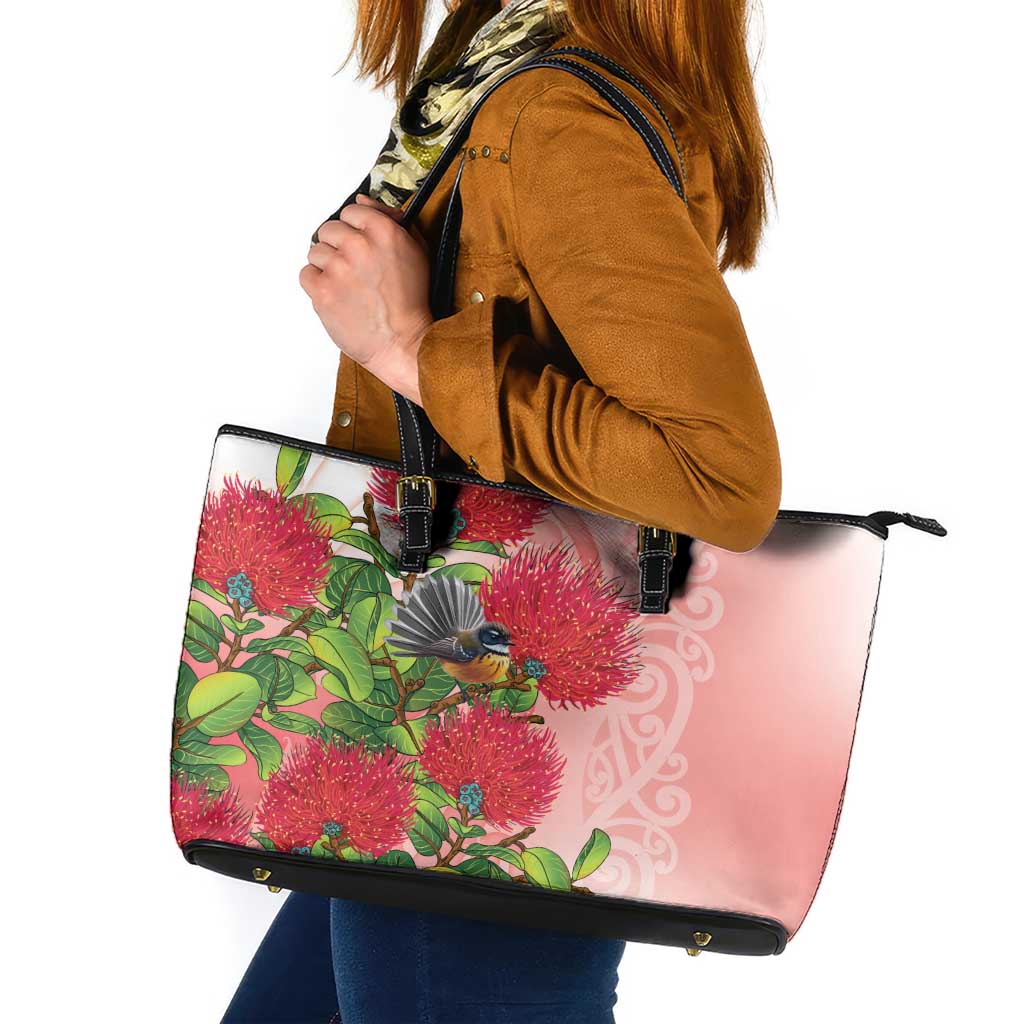 New Zealand Fantail Leather Tote Bag Maori Koru With Pohutukawa Flowers - Aussie Hoodie