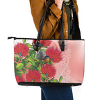 New Zealand Fantail Leather Tote Bag Maori Koru With Pohutukawa Flowers - Aussie Hoodie