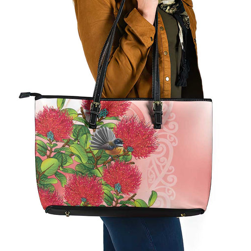 New Zealand Fantail Leather Tote Bag Maori Koru With Pohutukawa Flowers - Aussie Hoodie