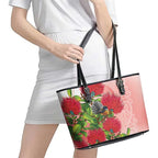 New Zealand Fantail Leather Tote Bag Maori Koru With Pohutukawa Flowers - Aussie Hoodie