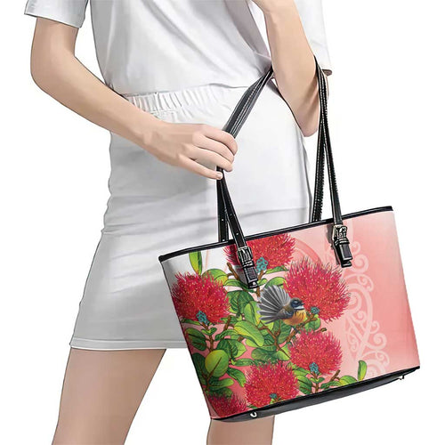 New Zealand Fantail Leather Tote Bag Maori Koru With Pohutukawa Flowers - Aussie Hoodie