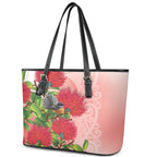 New Zealand Fantail Leather Tote Bag Maori Koru With Pohutukawa Flowers - Aussie Hoodie