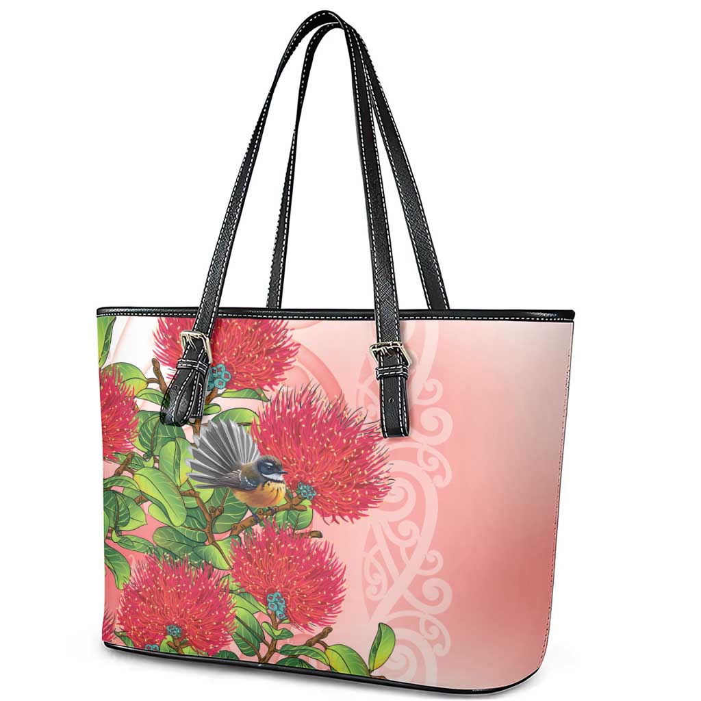 New Zealand Fantail Leather Tote Bag Maori Koru With Pohutukawa Flowers - Aussie Hoodie