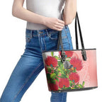 New Zealand Fantail Leather Tote Bag Maori Koru With Pohutukawa Flowers - Aussie Hoodie