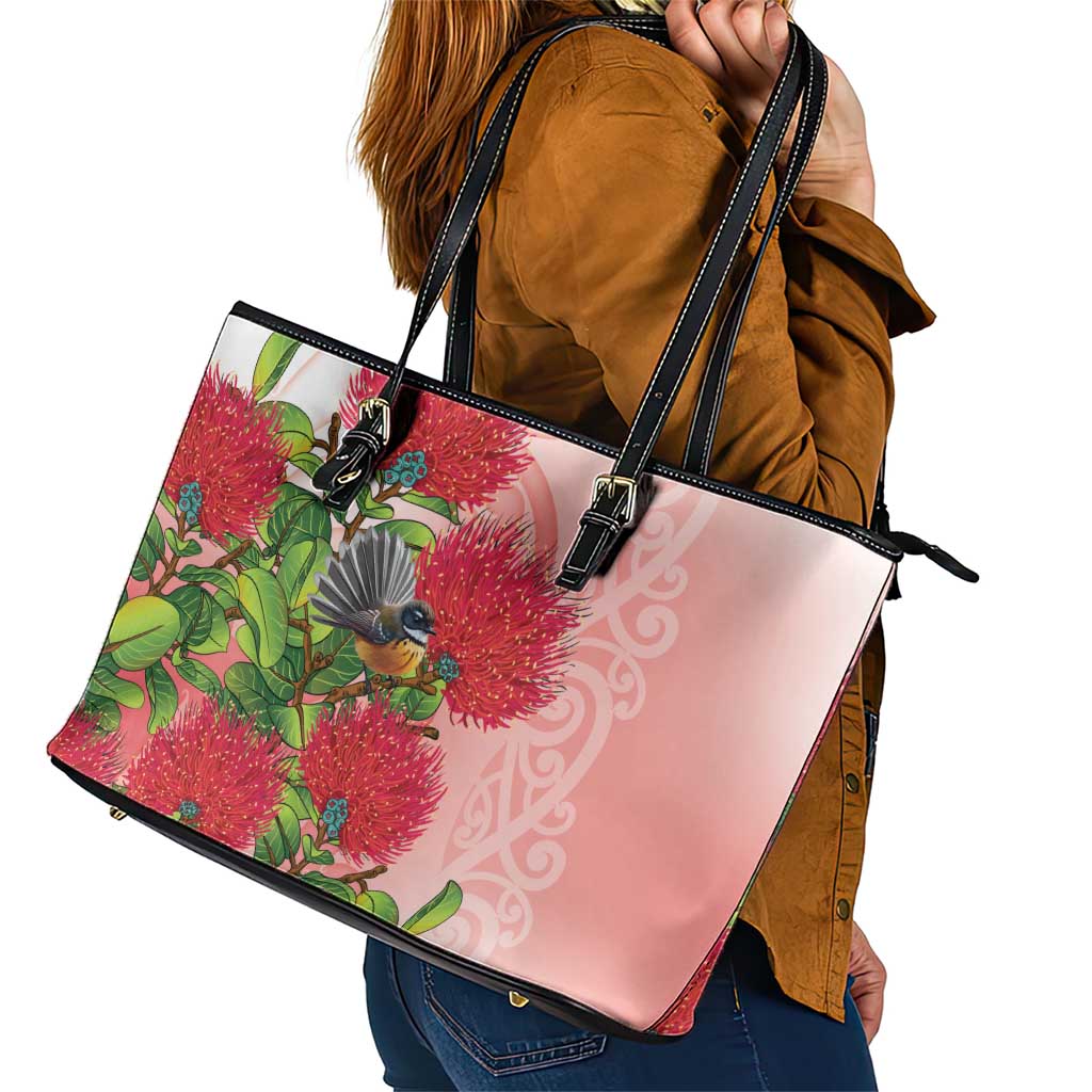 New Zealand Fantail Leather Tote Bag Maori Koru With Pohutukawa Flowers - Aussie Hoodie