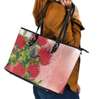 New Zealand Fantail Leather Tote Bag Maori Koru With Pohutukawa Flowers - Aussie Hoodie