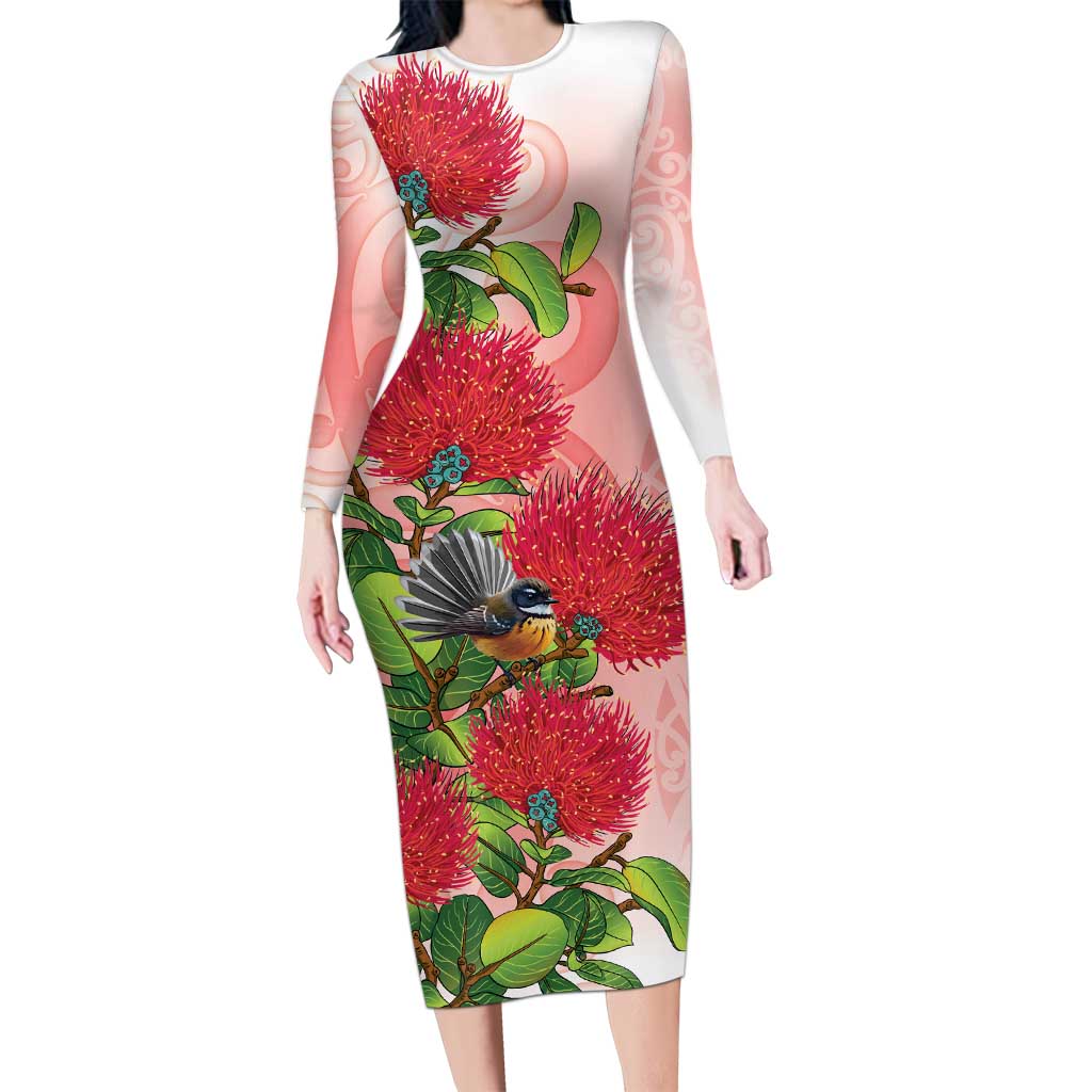 New Zealand Fantail Long Sleeve Bodycon Dress Maori Koru With Pohutukawa Flowers - Aussie Hoodie