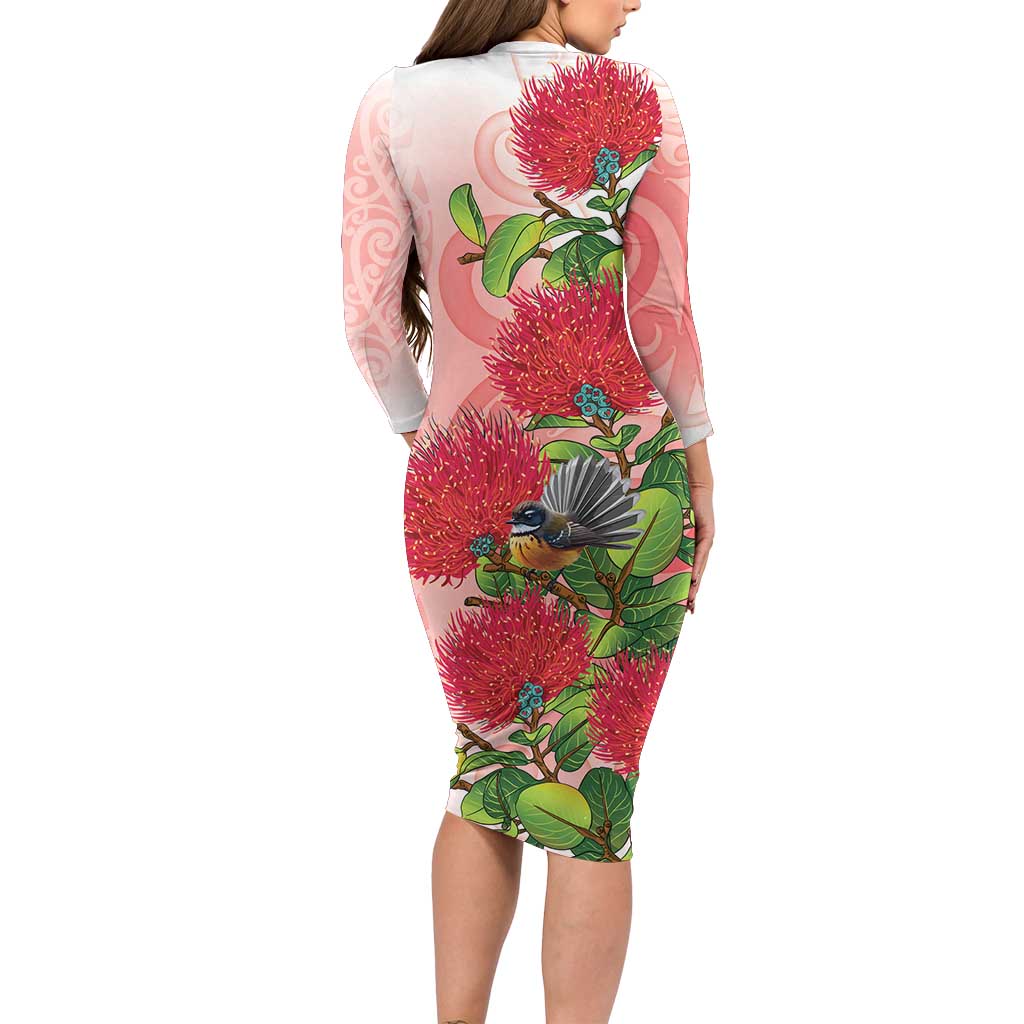 New Zealand Fantail Long Sleeve Bodycon Dress Maori Koru With Pohutukawa Flowers - Aussie Hoodie